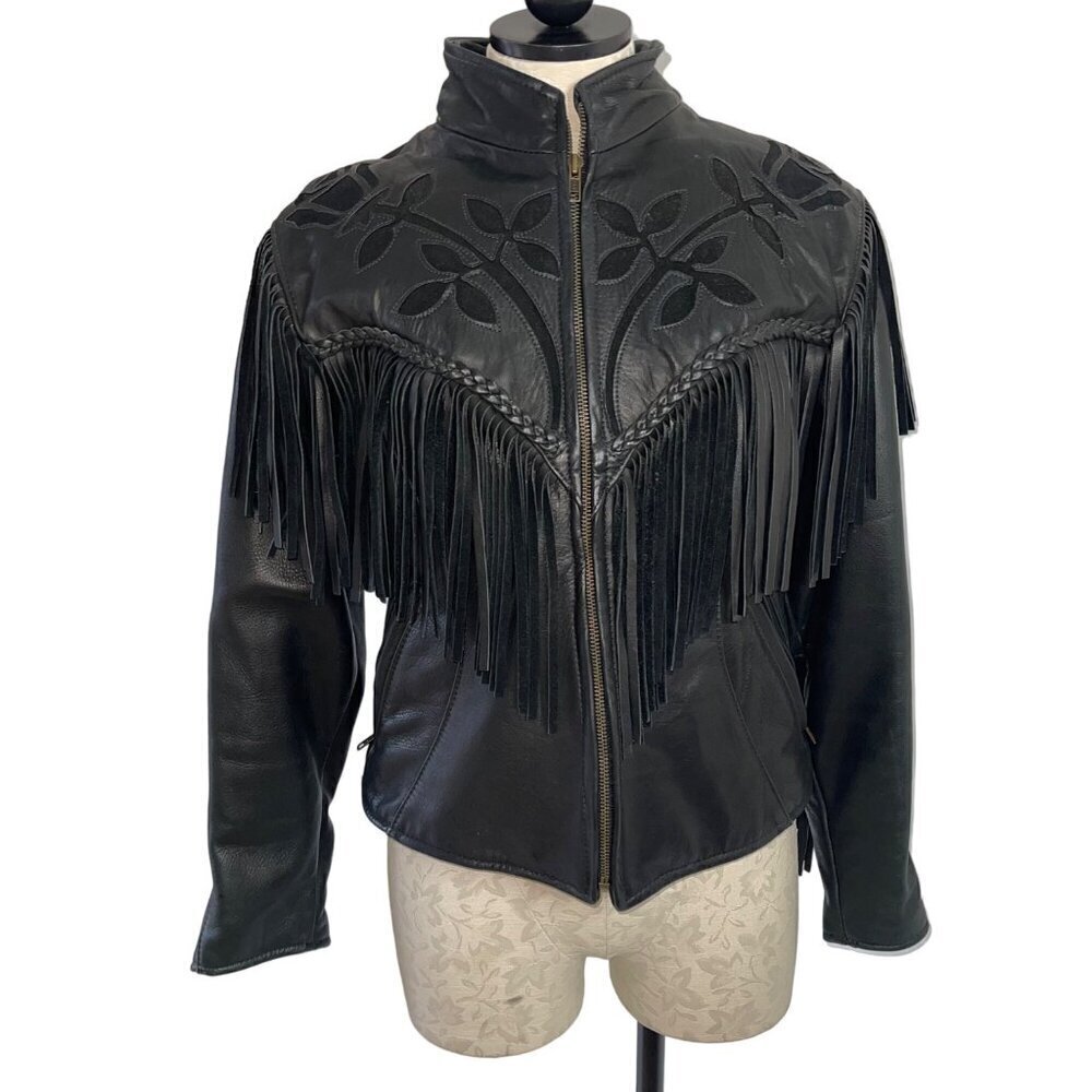 Classic Leather Riverside Vintage Womens Jacket Size 10 Black Fringe Motorcycle